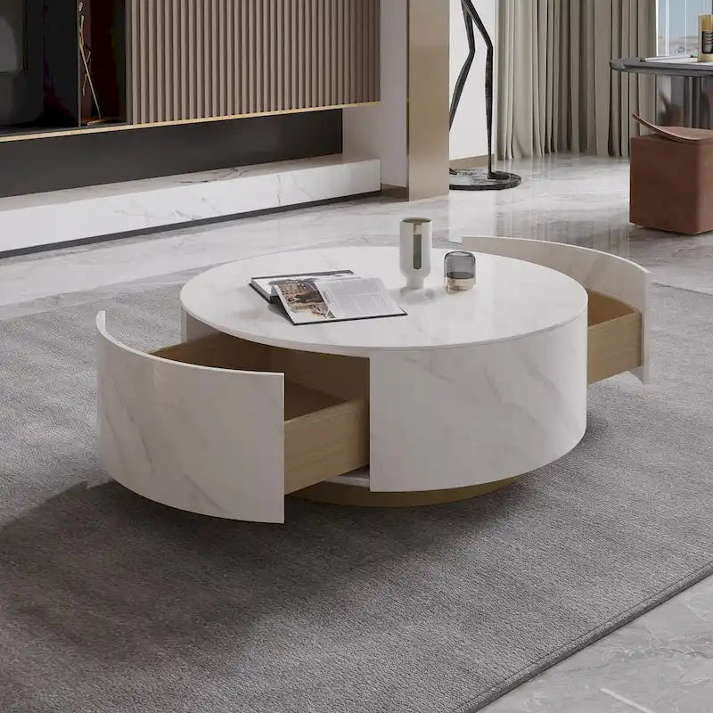 Modern Round Coffee Table with 2 Drawers, Sintered Stone Tabletop and Golden Base