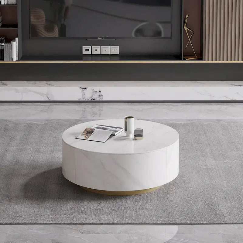 Modern Round Coffee Table with 2 Drawers, Sintered Stone Tabletop and Golden Base