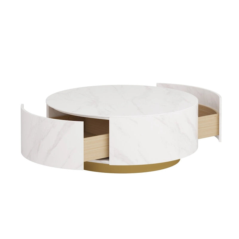 Modern Round Coffee Table with 2 Drawers, Sintered Stone Tabletop and Golden Base
