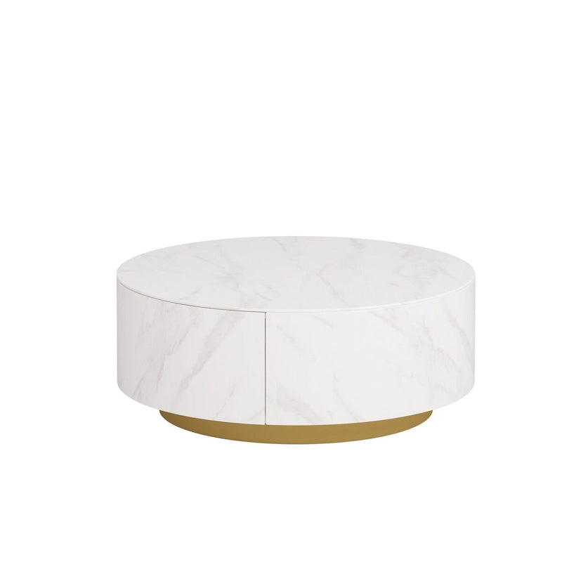 Modern Round Coffee Table with 2 Drawers, Sintered Stone Tabletop and Golden Base