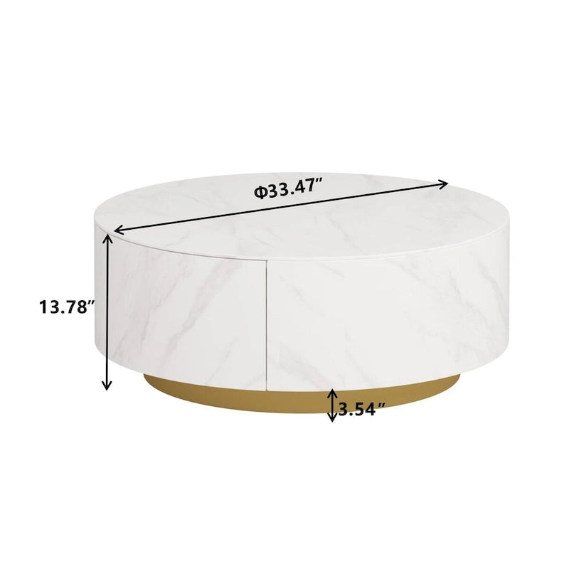 Modern Round Coffee Table with 2 Drawers, Sintered Stone Tabletop and Golden Base