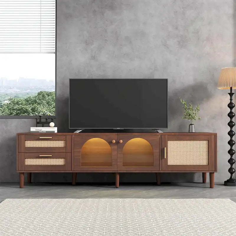 Rattan TV Stand with 3 Cabinets and 2 Drawers for TVs up to 80