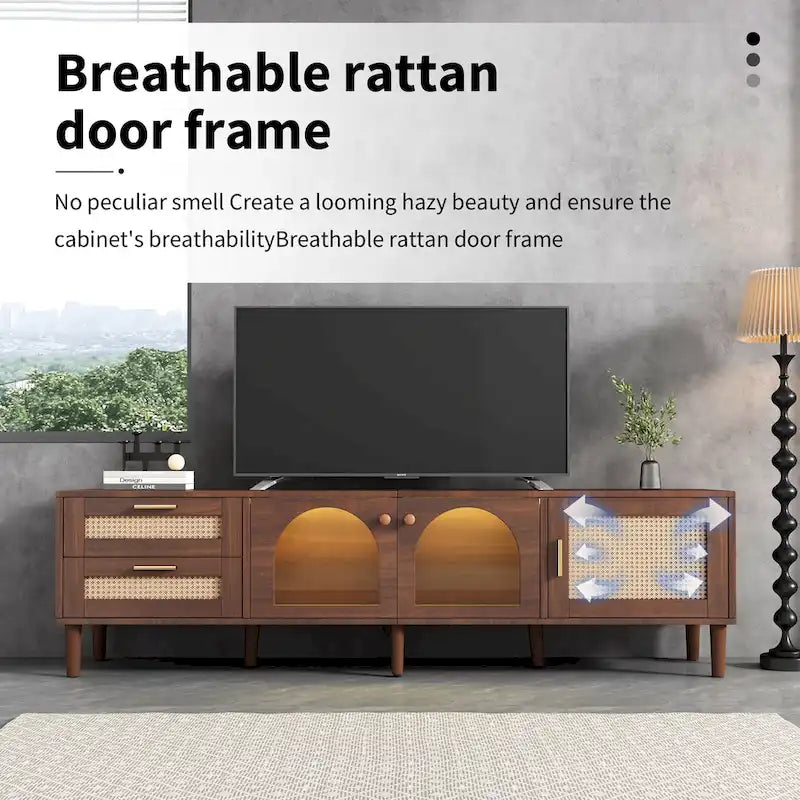 Rattan TV Stand with 3 Cabinets and 2 Drawers for TVs up to 80
