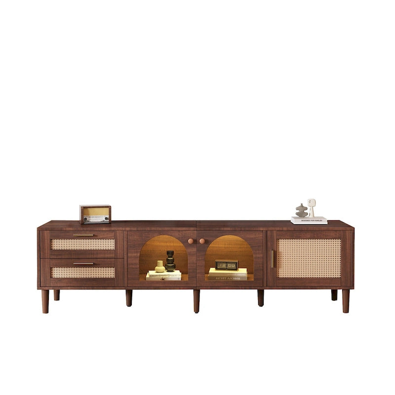 Rattan TV Stand with 3 Cabinets and 2 Drawers for TVs up to 80