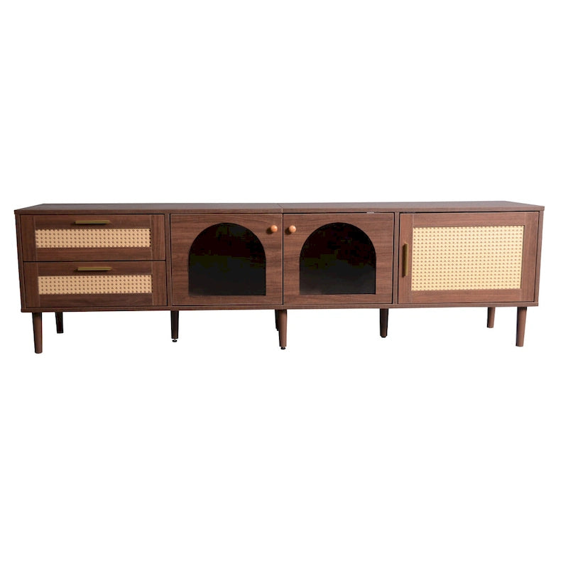 Rattan TV Stand with 3 Cabinets and 2 Drawers for TVs up to 80