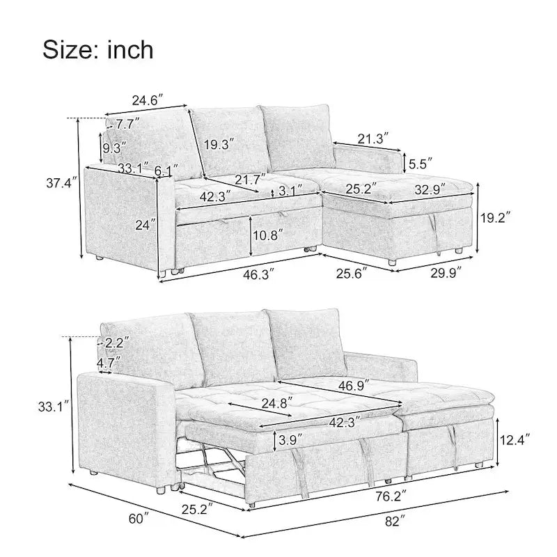 Soft Upholstered Sectional Sofa Bed with Storage Space, Suitable for Living Rooms and Apartments
