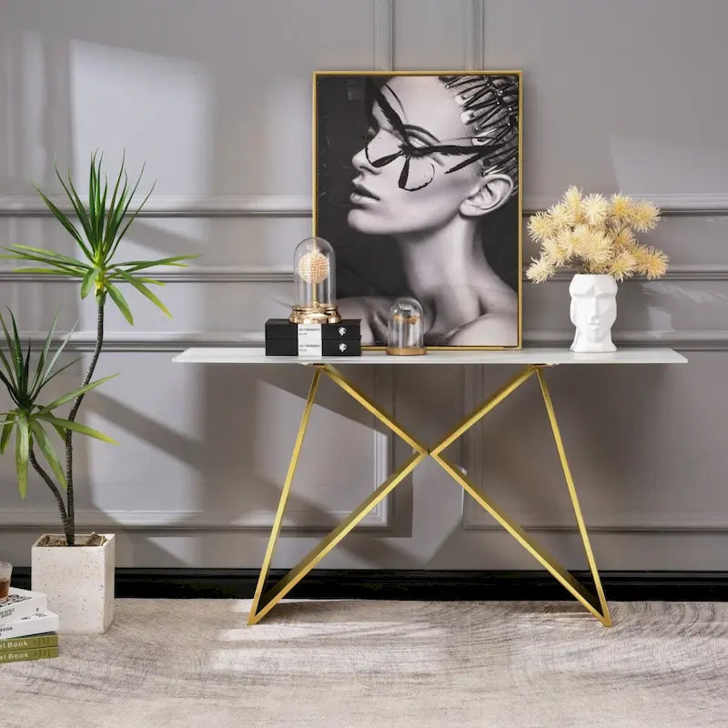White Tempered Glass Sofa Console Table with Mirrored M Shape Base
