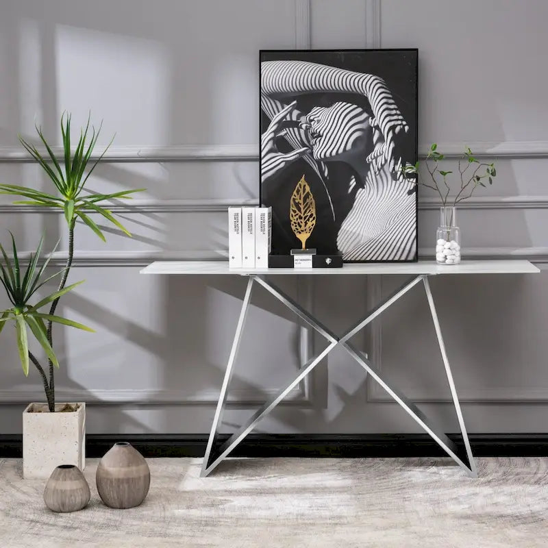 White Tempered Glass Sofa Console Table with Mirrored M Shape Base
