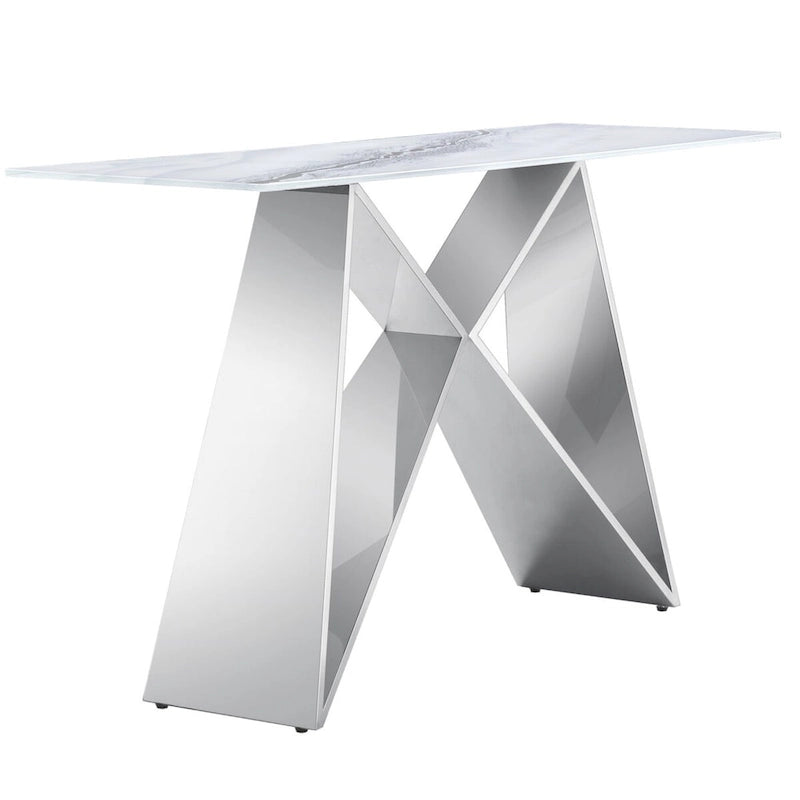 White Tempered Glass Sofa Console Table with Mirrored M Shape Base