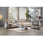 White Tempered Glass Sofa Console Table with Mirrored M Shape Base