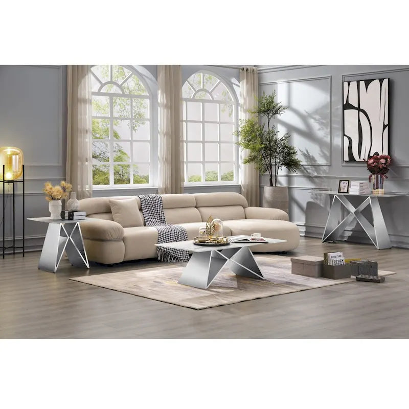 White Tempered Glass Sofa Console Table with Mirrored M Shape Base