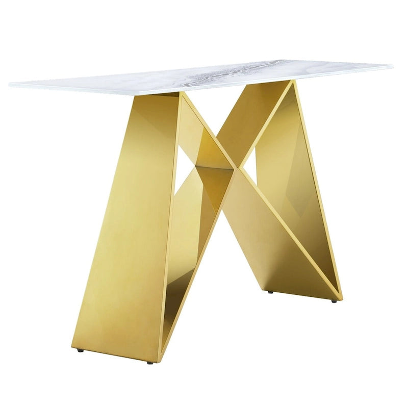 White Tempered Glass Sofa Console Table with Mirrored M Shape Base