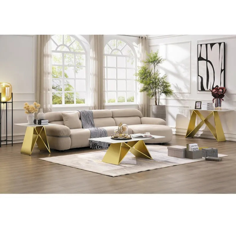 White Tempered Glass Sofa Console Table with Mirrored M Shape Base