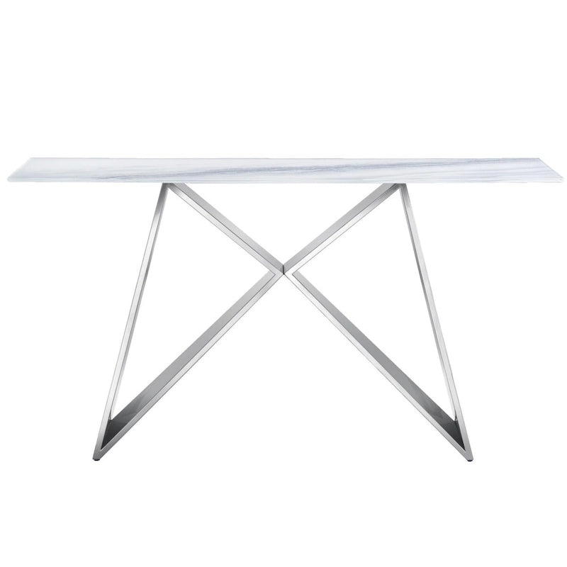 White Tempered Glass Sofa Console Table with Mirrored M Shape Base