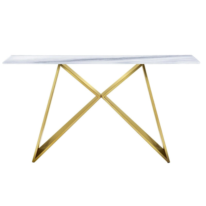 White Tempered Glass Sofa Console Table with Mirrored M Shape Base