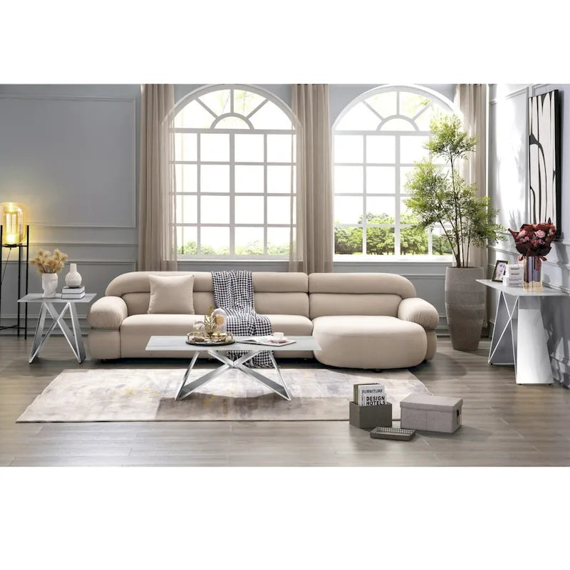 White Tempered Glass Sofa Console Table with Mirrored M Shape Base