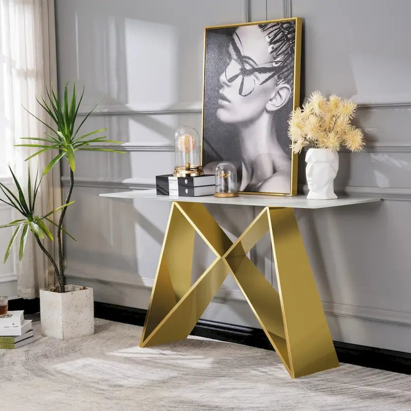 White Tempered Glass Sofa Console Table with Mirrored M Shape Base