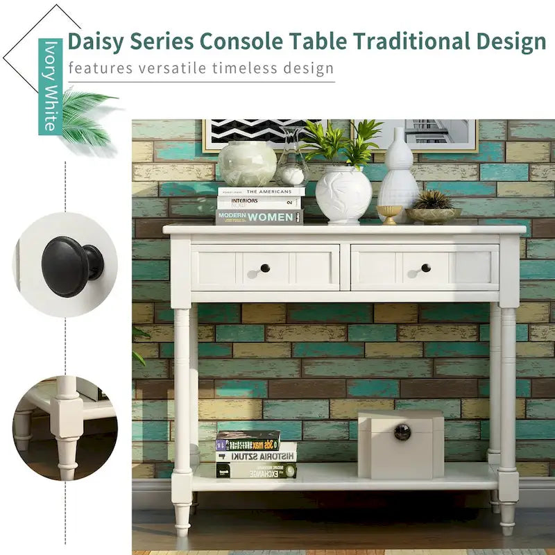 Daisy Series Console Table Traditional Design with Two Drawers and Bottom Shelf Acacia Mangium