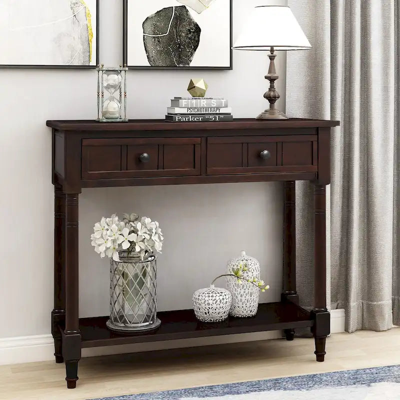 Daisy Series Console Table Traditional Design with Two Drawers and Bottom Shelf Acacia Mangium