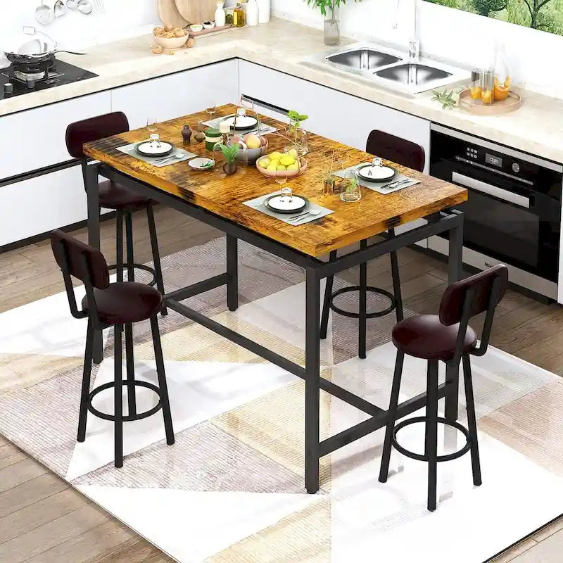 Mieres Industrial Style Rustic 5 Pieces Dining Table Set, Counter Height Dining Table with 4 Upholstered Bar Chairs