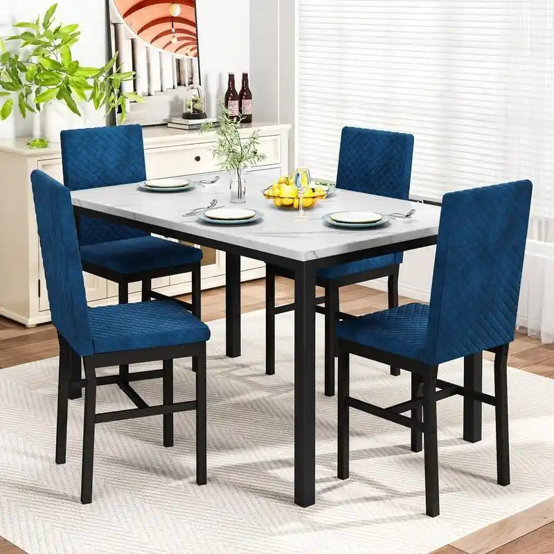Grondin 5-Piece Dining Room Table Set with Faux Marble Table Top and Diamond Stitching Velvet Upholstery Dining Chairs