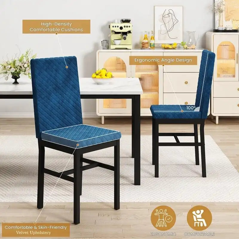 Grondin 5-Piece Dining Room Table Set with Faux Marble Table Top and Diamond Stitching Velvet Upholstery Dining Chairs
