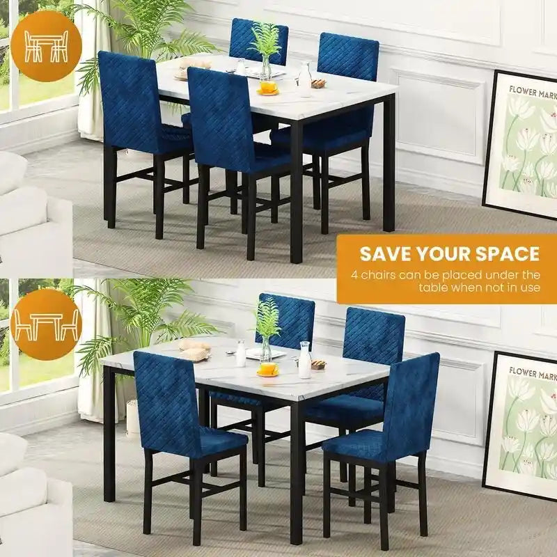 Grondin 5-Piece Dining Room Table Set with Faux Marble Table Top and Diamond Stitching Velvet Upholstery Dining Chairs