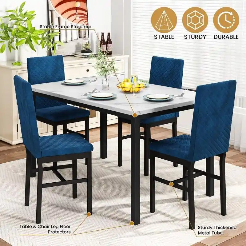 Grondin 5-Piece Dining Room Table Set with Faux Marble Table Top and Diamond Stitching Velvet Upholstery Dining Chairs