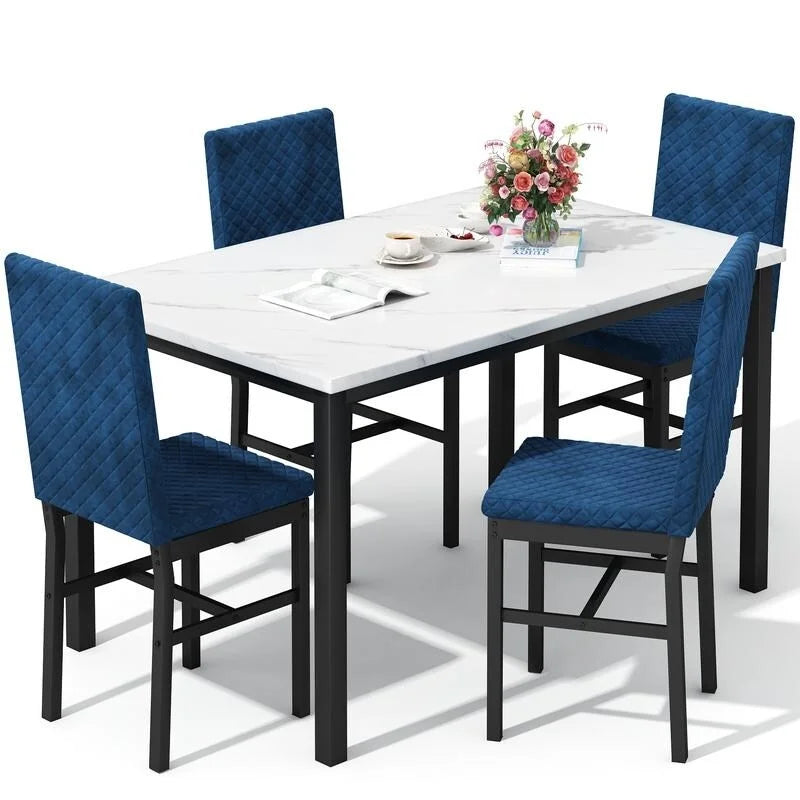 Grondin 5-Piece Dining Room Table Set with Faux Marble Table Top and Diamond Stitching Velvet Upholstery Dining Chairs