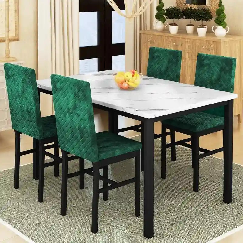 Grondin 5-Piece Dining Room Table Set with Faux Marble Table Top and Diamond Stitching Velvet Upholstery Dining Chairs