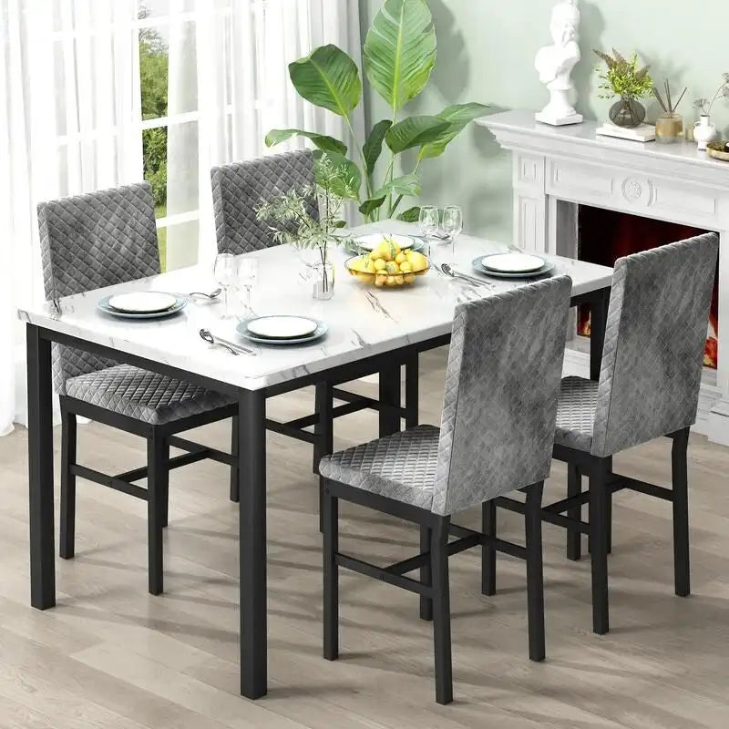 Grondin 5-Piece Dining Room Table Set with Faux Marble Table Top and Diamond Stitching Velvet Upholstery Dining Chairs
