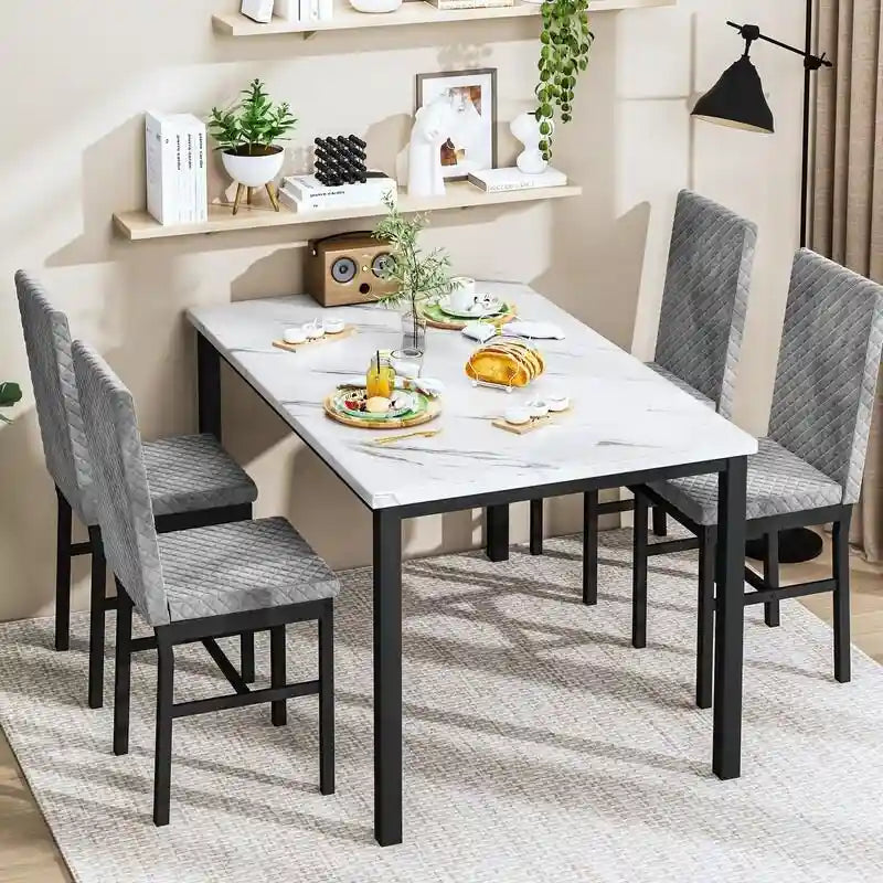Grondin 5-Piece Dining Room Table Set with Faux Marble Table Top and Diamond Stitching Velvet Upholstery Dining Chairs