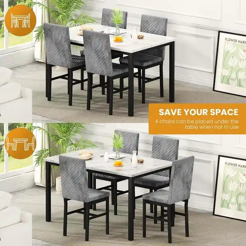 Grondin 5-Piece Dining Room Table Set with Faux Marble Table Top and Diamond Stitching Velvet Upholstery Dining Chairs