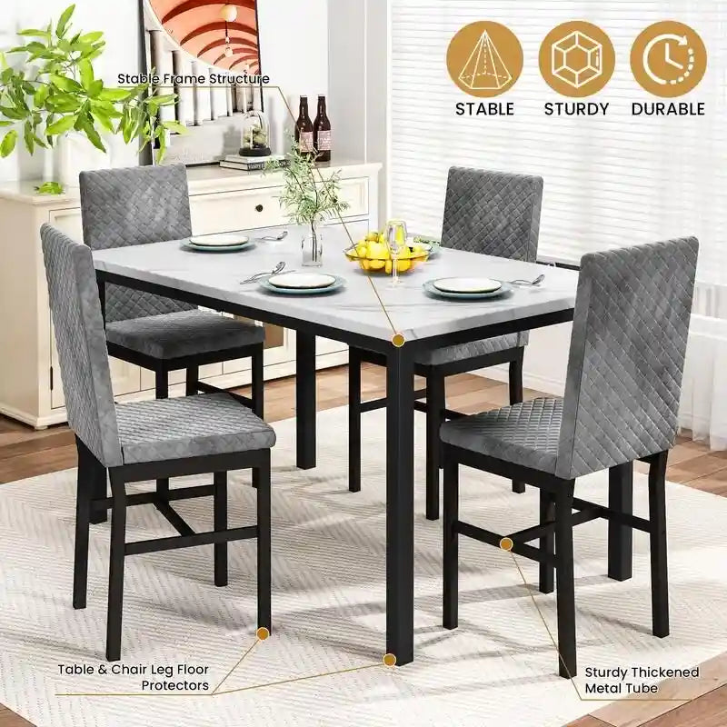 Grondin 5-Piece Dining Room Table Set with Faux Marble Table Top and Diamond Stitching Velvet Upholstery Dining Chairs