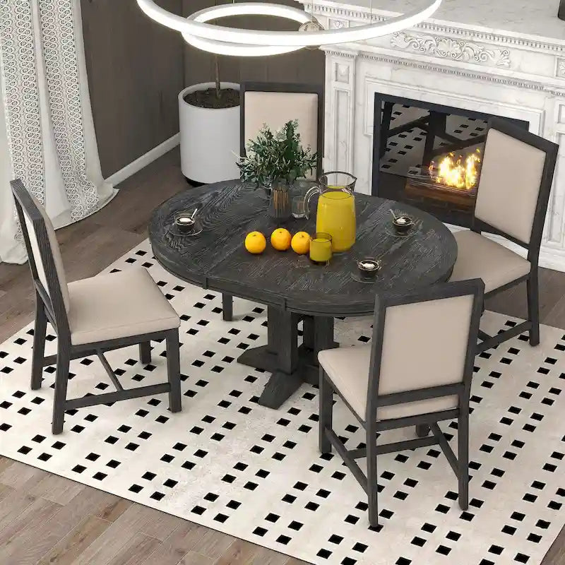 5-Piece Dining Set Extendable Round Table and 4 Upholstered Chairs