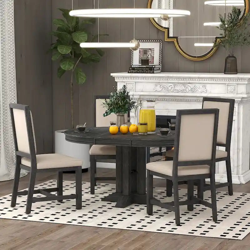 5-Piece Dining Set Extendable Round Table and 4 Upholstered Chairs