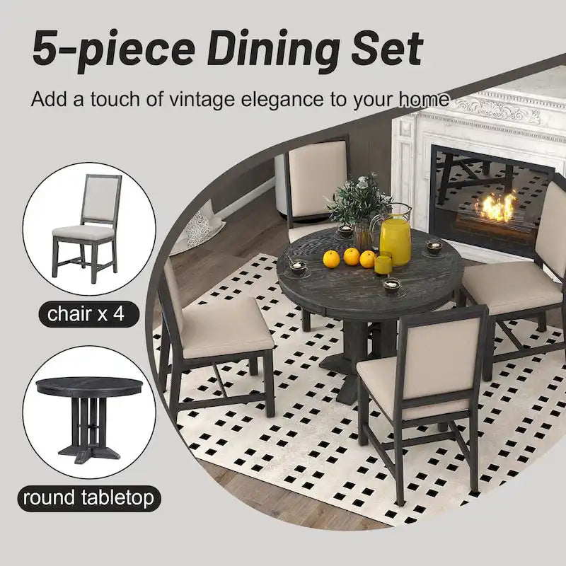 5-Piece Dining Set Extendable Round Table and 4 Upholstered Chairs