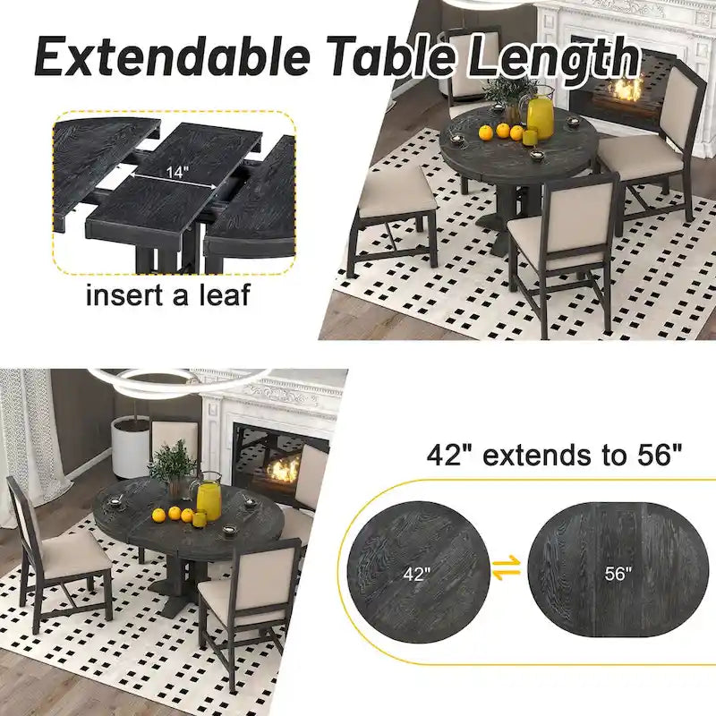 5-Piece Dining Set Extendable Round Table and 4 Upholstered Chairs