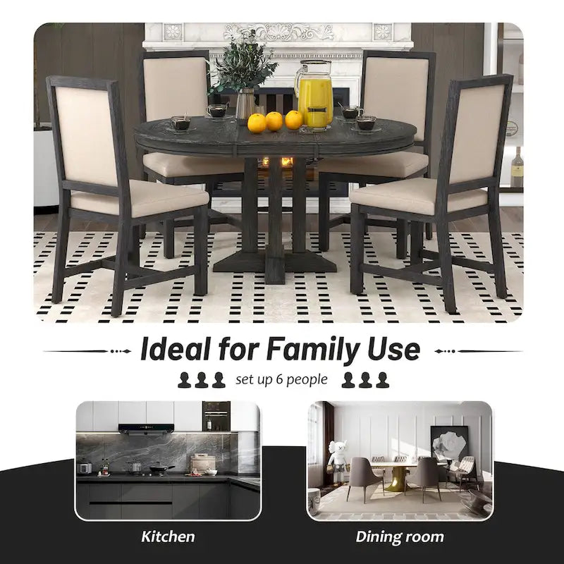 5-Piece Dining Set Extendable Round Table and 4 Upholstered Chairs