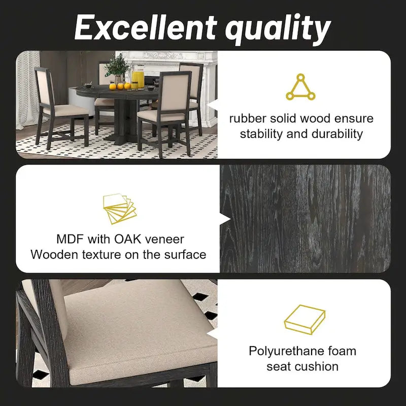 5-Piece Dining Set Extendable Round Table and 4 Upholstered Chairs