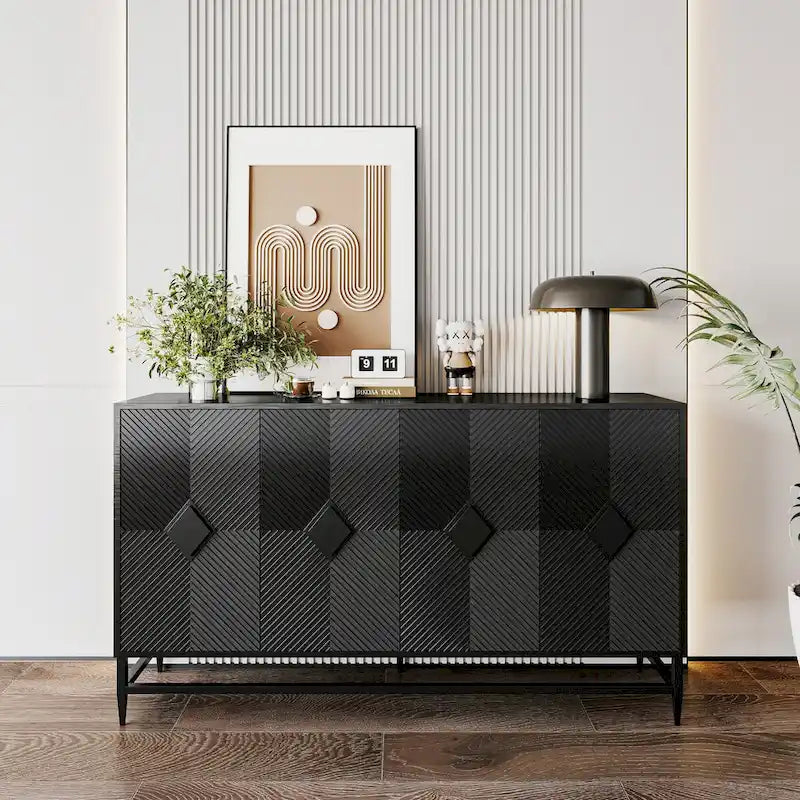60-in Modern Black Lacquered 4-Door Wooden Sideboard Buffet Server Accent Storage Cabinet
