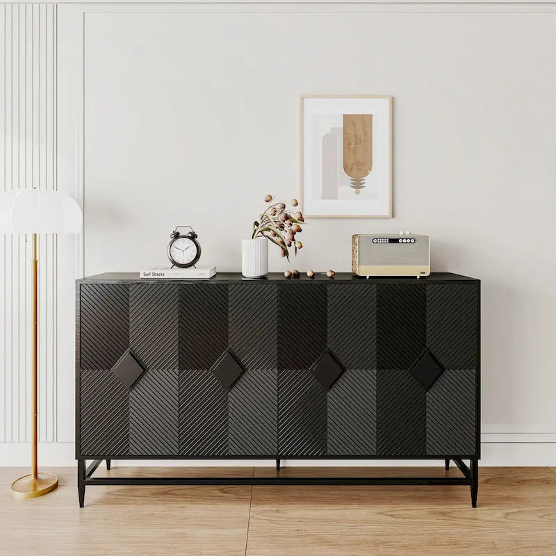 60-in Modern Black Lacquered 4-Door Wooden Sideboard Buffet Server Accent Storage Cabinet