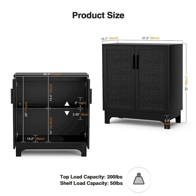 Anmytek Modern 2-Door Black Buffets Sideboards Rattan Kitchen Storage Cabinet with Adjustable Shelf - 31.5 W x 15.7 D x 35 H