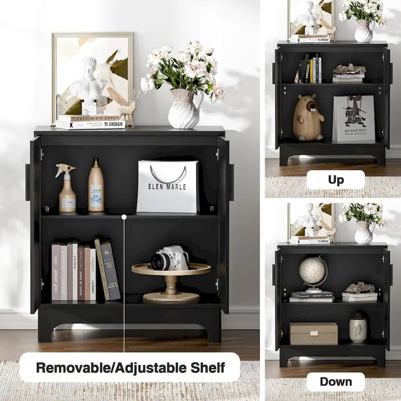 Anmytek Modern 2-Door Black Buffets Sideboards Rattan Kitchen Storage Cabinet with Adjustable Shelf - 31.5 W x 15.7 D x 35 H