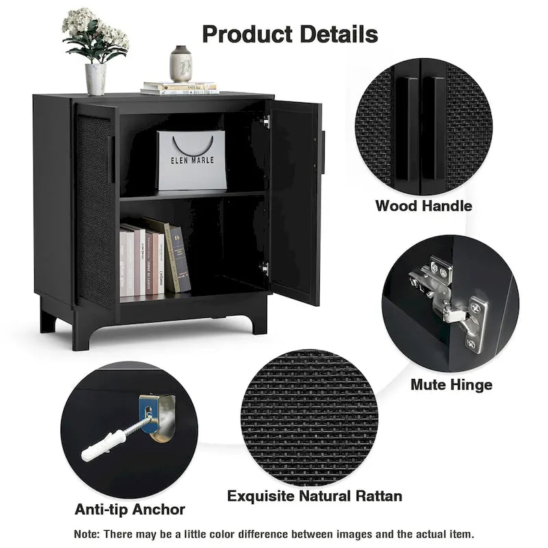 Anmytek Modern 2-Door Black Buffets Sideboards Rattan Kitchen Storage Cabinet with Adjustable Shelf - 31.5 W x 15.7 D x 35 H