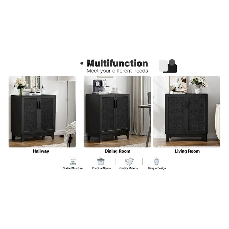 Anmytek Modern 2-Door Black Buffets Sideboards Rattan Kitchen Storage Cabinet with Adjustable Shelf - 31.5 W x 15.7 D x 35 H