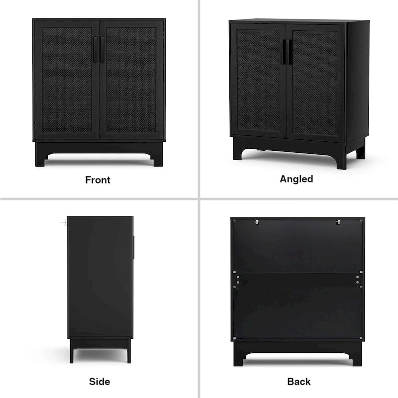 Anmytek Modern 2-Door Black Buffets Sideboards Rattan Kitchen Storage Cabinet with Adjustable Shelf - 31.5 W x 15.7 D x 35 H