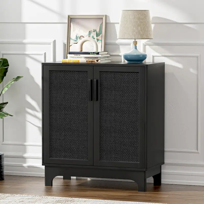 Anmytek Modern 2-Door Black Buffets Sideboards Rattan Kitchen Storage Cabinet with Adjustable Shelf - 31.5 W x 15.7 D x 35 H