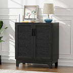 Anmytek Modern 2-Door Black Buffets Sideboards Rattan Kitchen Storage Cabinet with Adjustable Shelf - 31.5 W x 15.7 D x 35 H