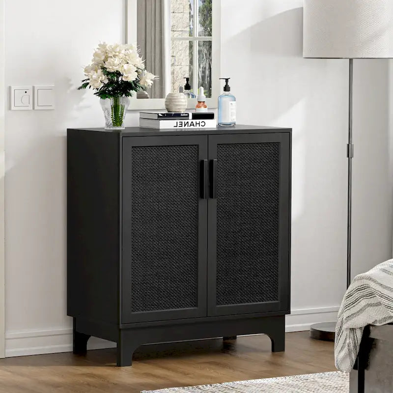 Anmytek Modern 2-Door Black Buffets Sideboards Rattan Kitchen Storage Cabinet with Adjustable Shelf - 31.5 W x 15.7 D x 35 H